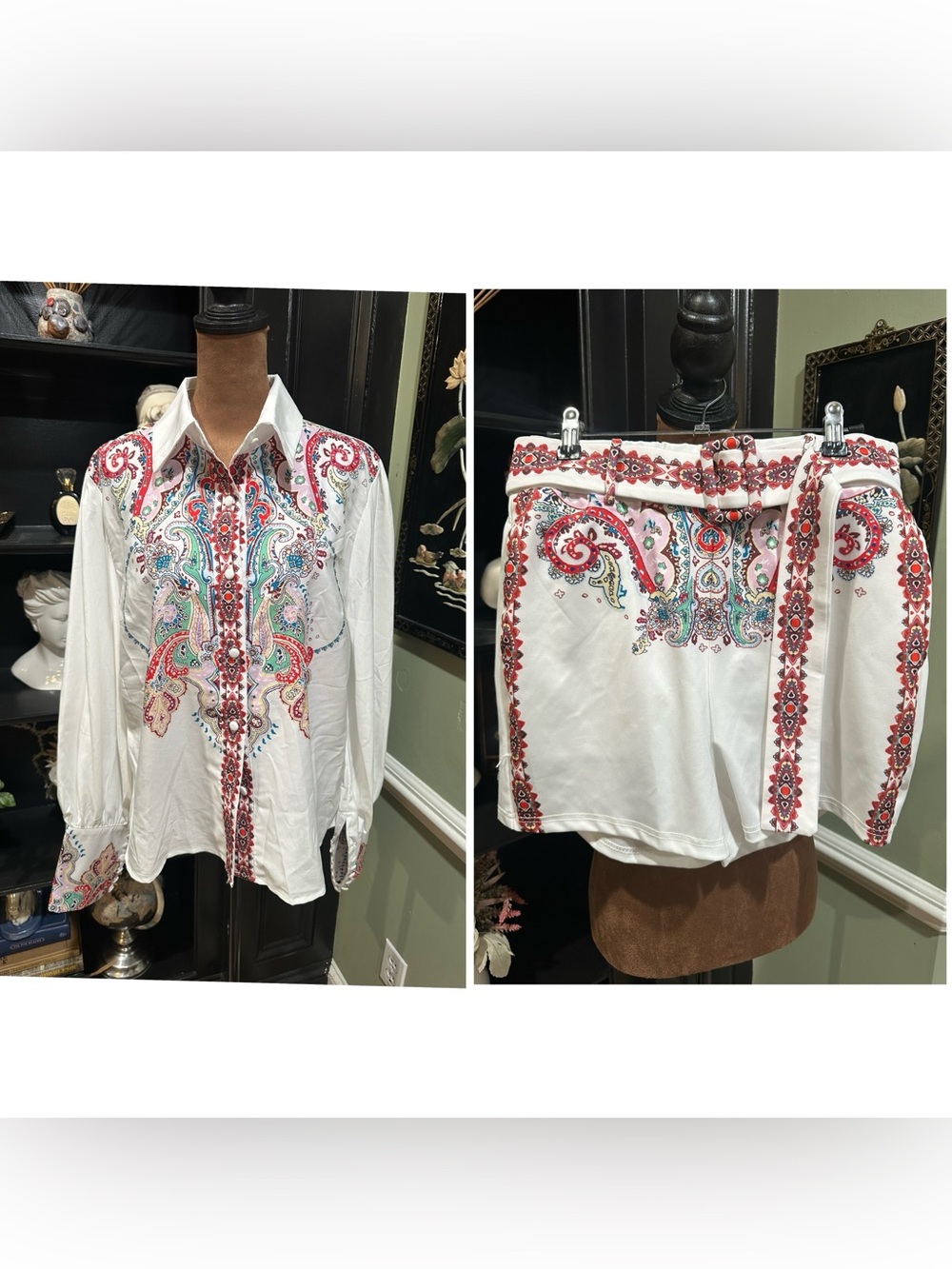 ChicMe Paisley Button‑Down Shirt & Shorts Set – Size Large (Fits S–M)